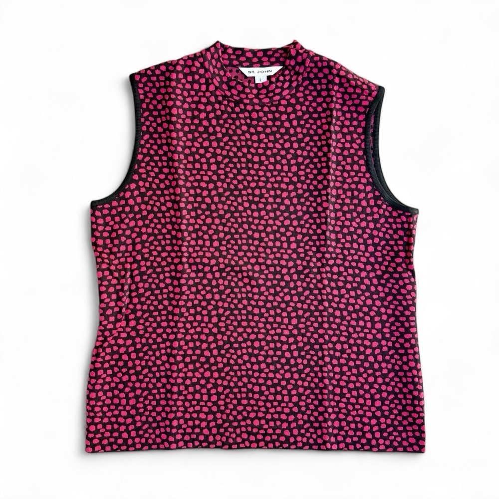 NWOT St. John Santana Knit Pink Black Animal Print Sleeveless Shell Tank Top L